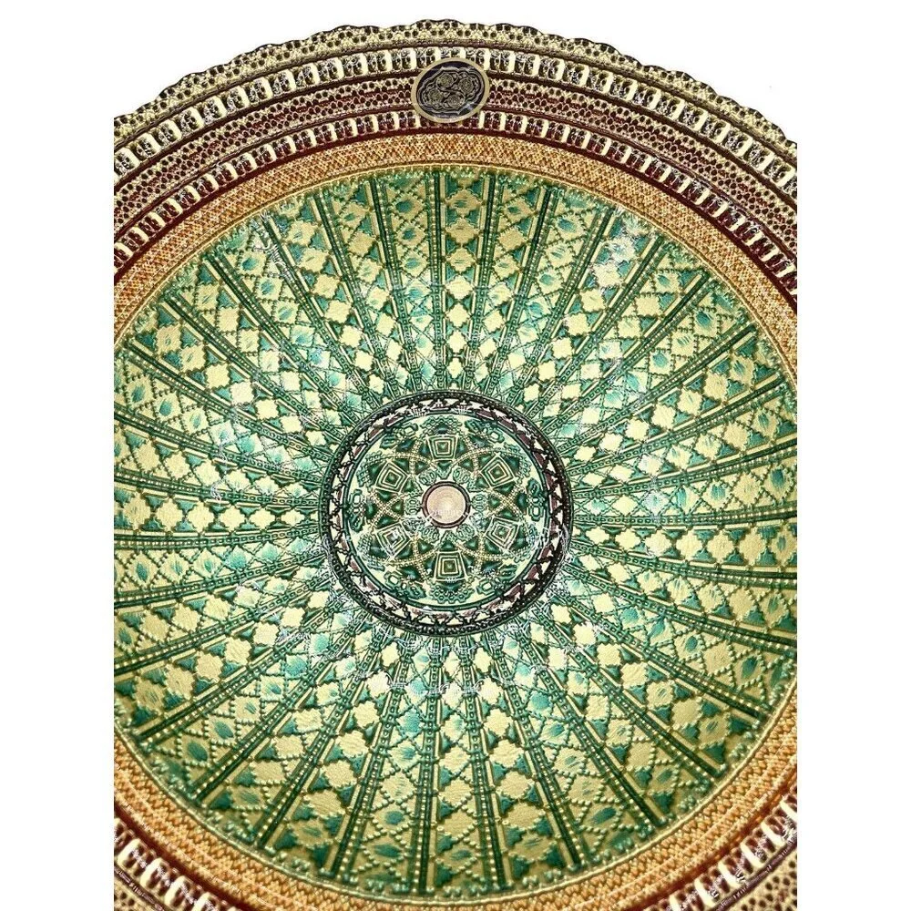 Turkish Glass Round Bowl Dinner Display Gold Lace Print 13.75